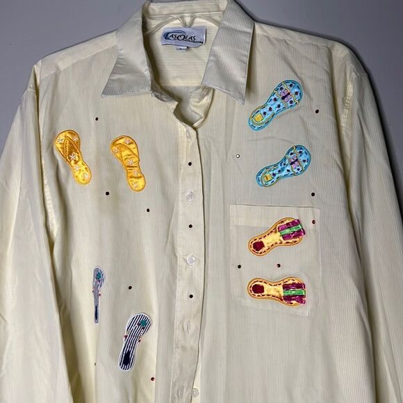 90s vintage Las Olas Sequin Embroidered flip-flop button-down long sleeve shirt - Picture 5 of 10